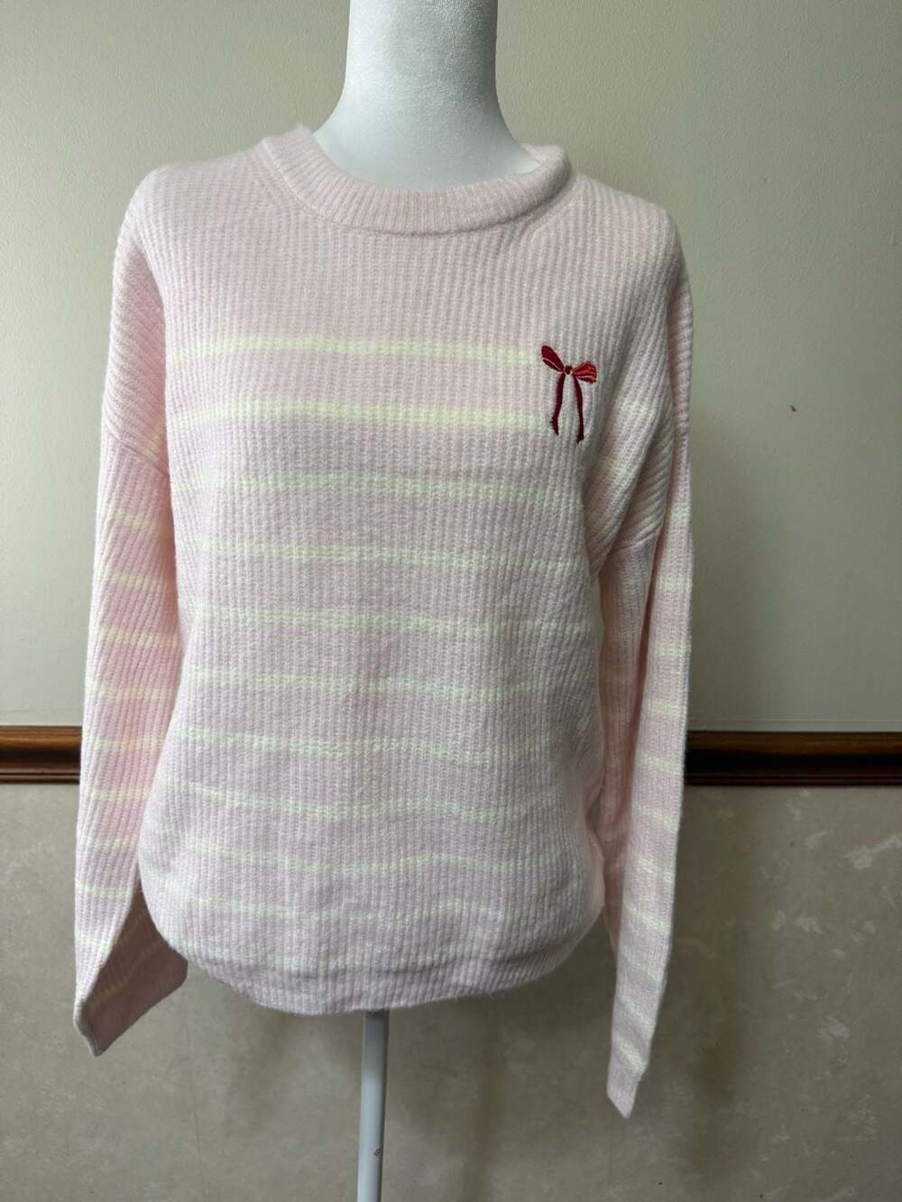 A New Day Pink Striped Ribbed Knit Sweater with Embroidered Red Bow
